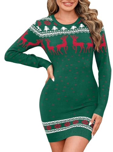 Irevial Robe Pull Noël Femme Col Rond Manches Longues Motif Maille Chaude | Renne flocon arbre, maille chaude, coupe confortable, fête famille, automne hiver