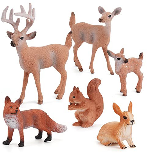 6 Stück Wald Tiere Figuren, Miniatur Deer Figuren Ornamente Tierfiguren 3 X Hirsch,1 X Eichhörnchen,1 X Kaninchen, 1 X FOX Figuren Wald Cake Topper Für Geburtstagsfeier, Babypar , Weihnachtsfeier