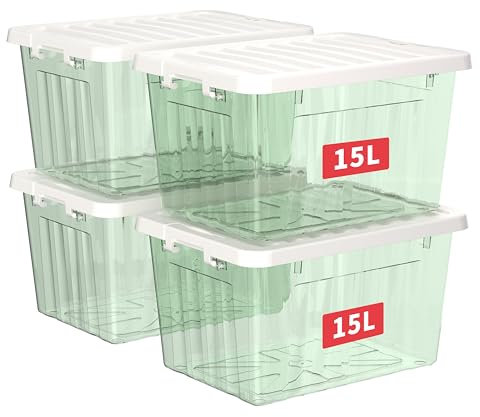 Cetomo 15L*4 Storage Boxes with Lids, Plastic Storage Bins with Latching Buckles, Click Closure, Stackable, Nesting, Organizer for Home Office Clothes, Clear Green, 15L-4 Pack