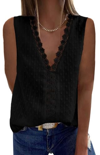 Coloody Blusa con Cuello en V para Mujer Camisa de Encaje Informal Sin Mangas Túnica de Color sólido Tops-Negro-M