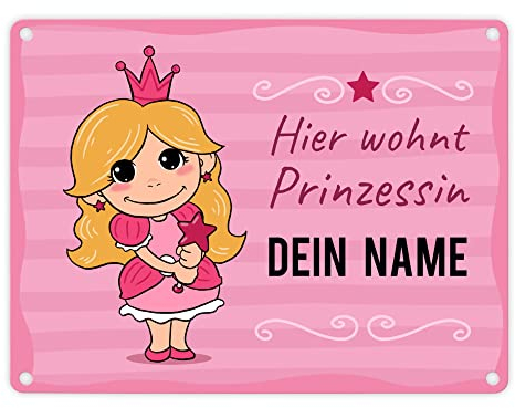 Hier wohnt eine Prinzessin Metallschild fürs Kinderzimmer - personalisiert mit deinem Namen - Geschenkidee für kleine Tochter die gerne in einem Schloss oder einer Burg leben würde und Kleider liebt