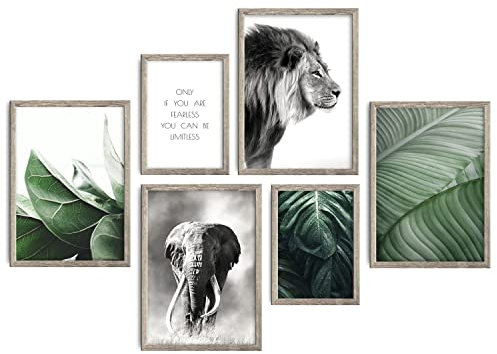 decomonkey | 6er Poster Set mit hellbraunem Rahmen | Natur Pflanzen | 2 x DIN A4 & 4 x DIN A3 | Wohnzimmer Schlafzimmer Wandposter Blider Collage Modern Wanddeko Grün Grau Tiere Blatt Sprüche