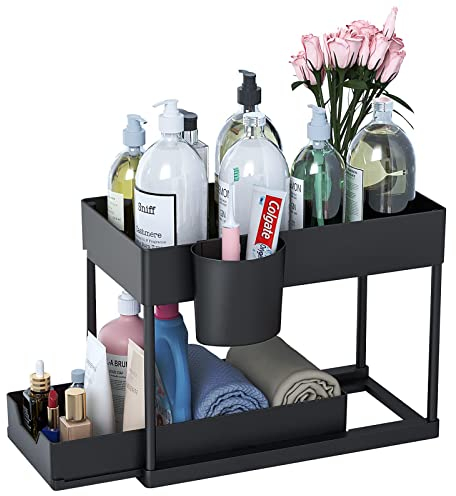 YOUIXU 2 Etagen Unter Waschbecken Regal,Spülschrank Organizer Küchen Organizer mit 4 Haken und 1 Tasse Gewürzregal Unterschrank Schiebeschublade Küchenregal Schrank Organizer Arbeitsplatte