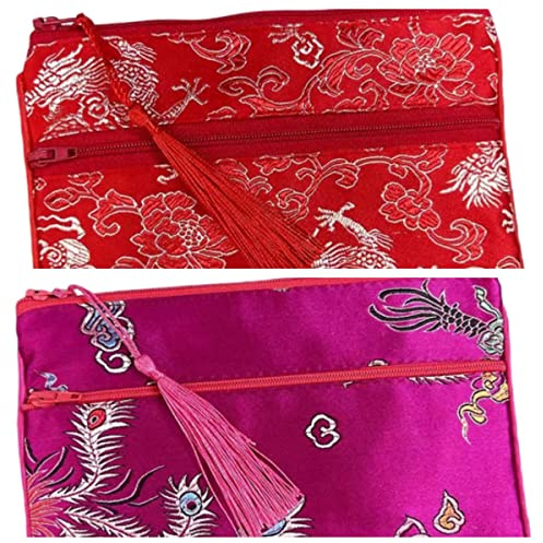 2pcs Tassel Travel Two Zipper Purse Jewelry Makeup Pouch Bags Chinese Silk Brocade Storage Bags Jewellery Cosmetic Cell Phone (fuchsia and red (2 pcs Pattern Random))