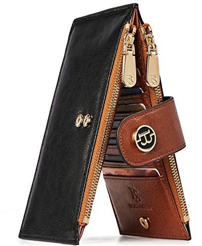 BOSTANTEN Portefeuille en cuir souple pour femme avec bloc RFID - Nombreux compartiments pour cartes - Compartiment pour la monnaie avec fermeture éclair, 6 - Noir avec marron, m, Pince à billets