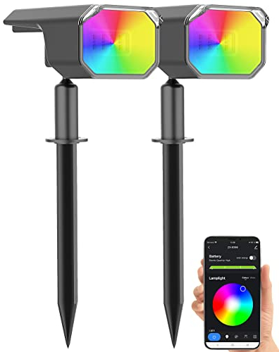 Luminea Home Control Gartenstrahler Solar: 2er-Set smarte Solar-Spots, RGB-CCT-LED, 100 lm, 2.200 mAh, 1 W, IP65 (LED Solarstrahler mit Erdspieß, Solarspot mit Bluetooth, Gartenleuchte Standleuchte)