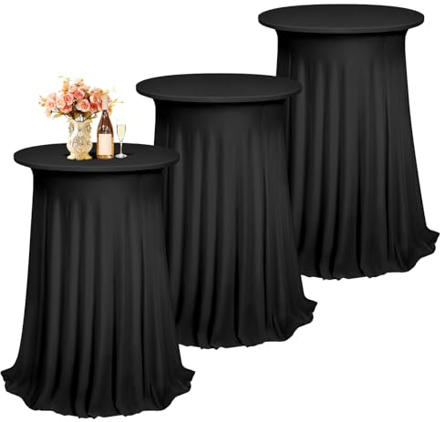 3 Stück Stehtisch Hussen Spandex Stretch Tischdecke mit Rock 80cm, Stehtisch Husse für Bistrotisch Ø 80-85 cm, Stretch-Husse Schwarz Hussen für Stehtische und Bistrotische(80×110cm, Schwarz)