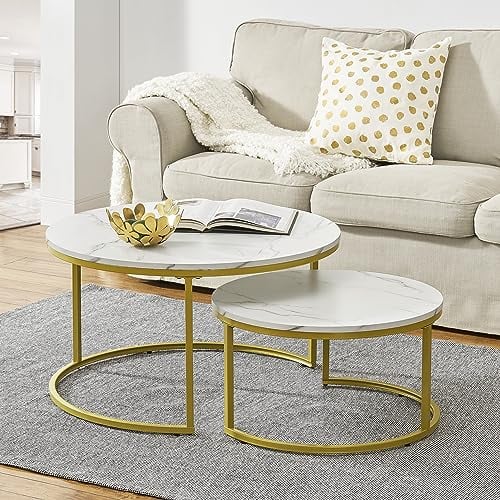 [en.casa] Couchtisch Christchurch 2er Set Wohnzimmertisch rund Sofatisch Satztisch Beistelltisch mit Metallgestell Kaffeetisch Marmoroptik, Weiß/Gold