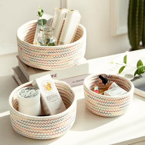 NAVACALA Cotton Rope Woven Bathroom Storage Basket Set of 3, Small Basket Box Organizer Bins (Multicolor)