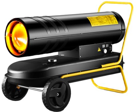FVTVHEV Riscaldatore a Olio Generatore Aria Calda a Diesel Termoventilatore a gasolio Potenza Termica di Riscaldamento 25 kW, Serbatoio 19L(11h), accensione elettrica, termostato Regolabile.