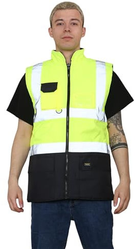 Grunge Wear® Hi Vis Bodywarmer Fleece Lined Reversible Gilet Jacket - Hi Viz Visibility Waterproof Workwear Security Safety WearWarm Sleeveless Waistcoat Body Warmer Vest Top (Yellow Navy, X-Large)