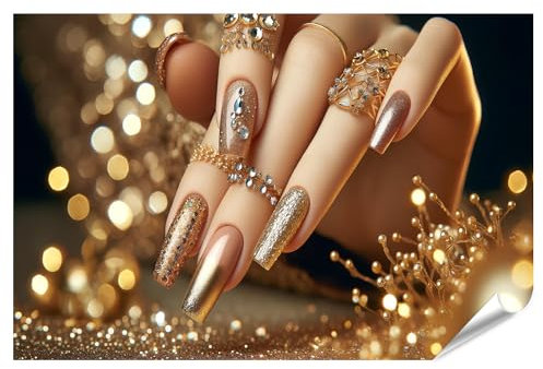 islandburner XXL Bild Poster Glitzernde Goldpracht Maniküre mit Juwelen Veredelt Nagelstudio Beauty Nail Salon Premium Bilder Fotodruck