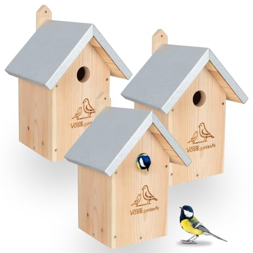 VOSS.garden 3X Nistkasten Hazel Spitzdach, Vogelhaus, Meisenkasten, Nisthöhle für Meisen, Sperlinge, Holz wetterfest