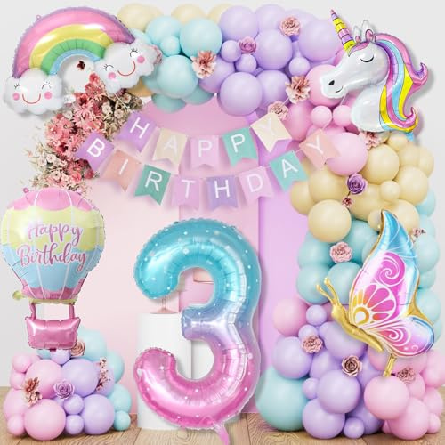 YEJIKJ Unicorn Balloons 3rd Birthday Decorations for Girls Boys, Unicorn Party Decorations 3rd Birthday Banner for Girls Boys