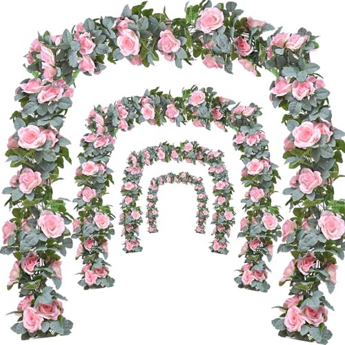 Bacucine Lot de 4 guirlandes de roses artificielles avec feuilles vertes à suspendre pour fête de mariage, jardin, décoration murale (rose clair) - 7,5 m