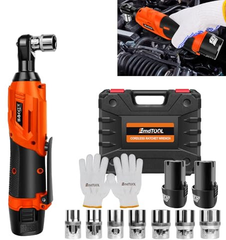 12V Akku Ratschenschlüssel, Elektrische Ratschenschlüssel 3/8-Zoll Akku Ratsche mit 2 Akkus und Ladegerät, 40Nm Drehmoment Power Ratschenschlüssel, Kabelloser Ratschenschlüssel Set, LED, 7 Stecknüsse