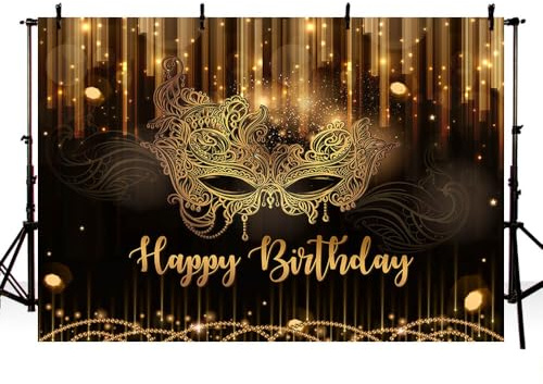 MEHOFOND 2,1 x 1,5 m Happy Birthday Hintergrund Maskerade Maske Schmuck Party Dekorationen Zubehör Karneval Geburtstag Tanzparty Banner Schwarz Gold Glitzer Geburtstag Party Foto Shooting Requisiten