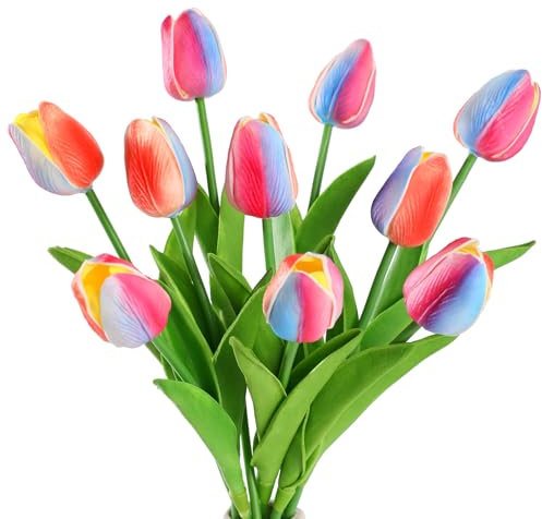 JUSTOYOU Ramo de 10 tulipanes artificiales de látex con tacto real, flores falsas de tulipán en color arcoíris, ideal para bodas, decoración del hogar y jardín (arcoíris, 10 piezas)