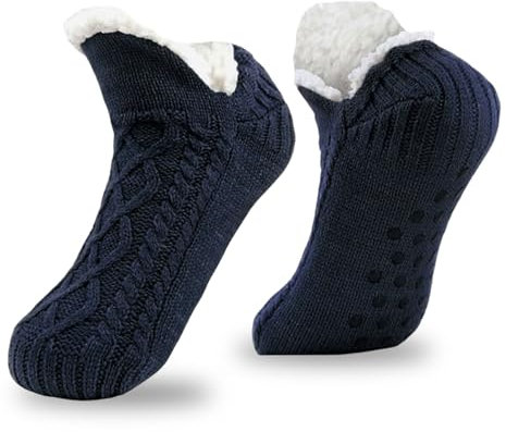 FUIPVGI Chausson Chaussette Homme Femme Chaussettes Tricotées épaisses Doublées de Polaire, Chaussettes Chaudes Antidérapantes, Chaussette D'hiver Moelleuses pour Maison de Lit au Sol (Marine Noir)