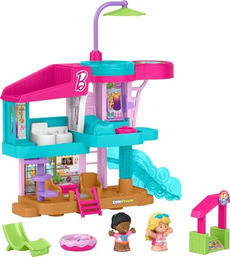 Fisher-Price Little People Barbie - Casa al Mare, set a tema Barbie con 3 piani di gioco e 2 personaggi, 3 accessori e mobili inclusi, giocattolo per bambini, 1+ anni, JCW71