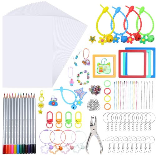 DWOOKE 328 Stück Schrumpffolie zum Basteln, inklusiv 20 Blättern Schrumpffolie-Kunstpapier, Buntstifte, Locher und 295 Stück Zubehör zum Basteln von Schlüsselanhängern,Kreatives Bastelset für Kinder