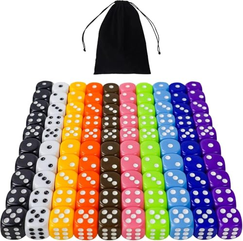 QUTHZZHY Würfel 100 Stücke, Bunte Würfel Set, 16mm Farbwürfel 6 Seitige | Würfel mit Einstecktaschen, Spielwürfel für Tischkartenspiele, Acrylwürfel 10 Farben, für Matheunterricht Mathe