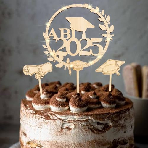 ENLACE Abschluss Tortendeko ABI 2025 aus Holz, 3 Stück Graduation Cake Topper mit LED, Congratulations Cake Topper, Abschluss Deko Torten, Tortendeko Prüfung Bestanden für Abschlussfeier