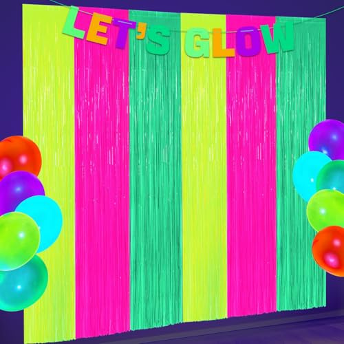 2 Pcs Bunte Fluoreszierende Folie Fransenvorhang, 3,3 x 6,6 Ft Glühen in der dunklen Party Supplies Party Dekor Dampfer für Neon-Thema Geburtstag Dekorationen Foto Hintergrund