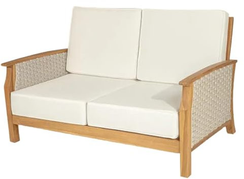 HARMONYA - Canapé Salon Bas de Jardin en Bois de Teck Gris avec Matelas - Banquette extérieur avec Matelas Cordes HDPE, Tissu oléfine Blanc résistant