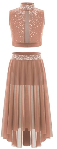 Xnihocha Ensemble De Tenue De Danse pour Fille Brillant Robe Danse Latine Standard sans Manches Crop Top avec Jupe en Tulle Robe Lyrique Rose poudré 5-6 Ans