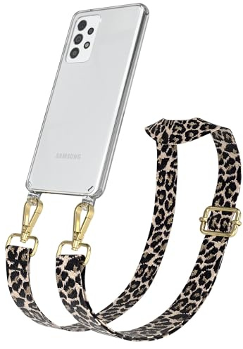 EAZY CASE Handykette - Verstellbares Taschenband kompatibel mit Galaxy A52, Schulterriemen, Handykordel mit Silikon Hülle, Umhängetasche, Leo - Schwarz Beige Gold