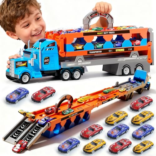 Jiakora Transport Truck Spielzeugautos für Jungen ab 3 4 5 6 Jahre, 140cm Zusammenklappbar Rennbahn Truck Spielzeug mit Auslösefunktion, inkl. 12 Leichtmetall Rennautos, Spielzeuggeschenk für Kinder