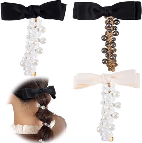SmallCat 3PCS Bow Spiral Hair Ties with Beads, Bow Artificial Pearl Phone Cord Shape Hair Bands, Elastic Rubber Ponytail Holders for Women, No Crease Hair Accessories for Long Curly Hair-Black,White