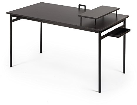 Zinus Tresa Tavolo da scrivania 140x75 cm - Scrivania in metallo e legno con vano portaoggetti e supporto per monitor - Scrivania per computer - Marrone scuro legno e Nero metallo