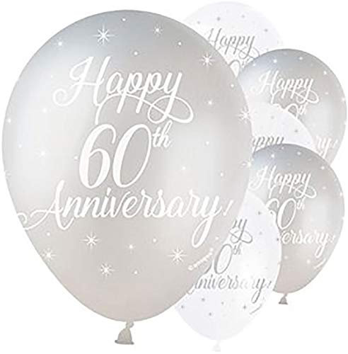 Happy 60th Anniversary White & Silver Latex Balloons (30cm) Pack of 5 - Elegant Celebration Decorations
