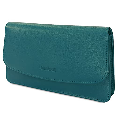 MANAGE Kosmetiktasche Damen mit Spiegel - Schminktasche klein aus echtem Leder - edle Clutch Türkis 18,5x10x3,5cm
