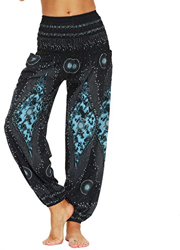 Nuofengkudu Damen Hippie Harems Hose Pumphose Haremshose Aladdinhosen Boho Gemustert Gesmockte Taille mit Taschen Yogahose Freizeithose Sommerhose Strandhose(Y-Muster G,One Size)
