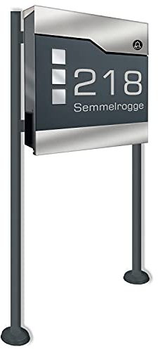 Zalafino Standbriefkasten mit FUNKKLINGEL ANTHRAZIT - aus pulverbeschichtetem Stahl - mit Zeitungsrolle, Sichtfeldern und Standfuß