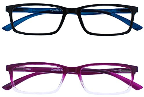 OPULIZE See - Occhiali da Lettura Filtro Set da 2 Luce Blu Montatura Stretta Cerniere a Molla Migliorano il Sonno Gaming Computer Anti Riflesso Nero Viola Uomo Donna BB9-15 +2.00