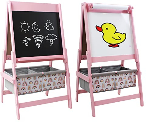Kinder Staffelei Standtafel mit Papierrolle und Aufbewahrungsbeutel, Magnetische Kreidetafel und Whiteboard, Holz