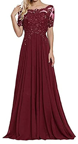 yhfshop Formellen Abendkleid Festkleider,Schulter-Kurzarm-Partykleid mit Spitzenapplikationen-Rotwein_50,Lang Brautjungfer Kleider