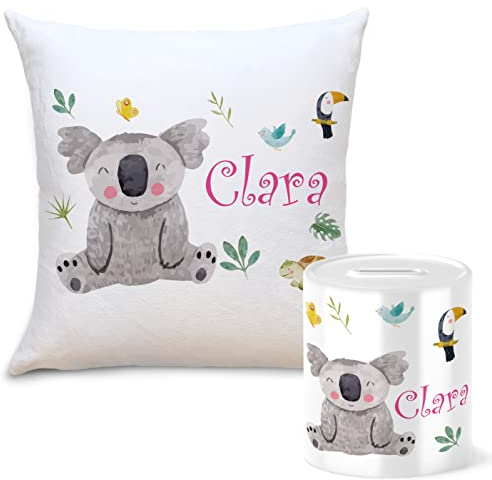 OWLBOOK Safari Koala Bär Geschenkset Kinder Spardose und Kissen Personalisiert mit Namen Geschenke Geschenkideen für Kinder Baby Junge Mädchen zum GeburtstagWeihnachten Einschulung Taufe Geburt