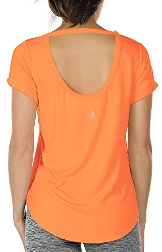 icyzone Damen Yoga T-Shirt Rückenfrei Sport Freizeit Tops Kurzarm Oberteile Loose Casual V-Ausschnitt Shirt (L, Orange)
