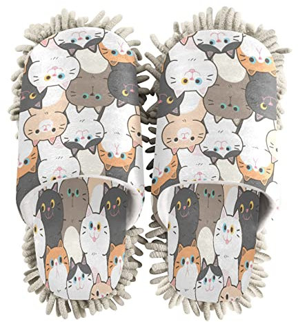 JUMBEAR Pantuflas de limpieza con diseño de gatos de dibujos animados, herramienta de limpieza de polvo, lavables, para casa de cocina, casa, sala de estar-(M)