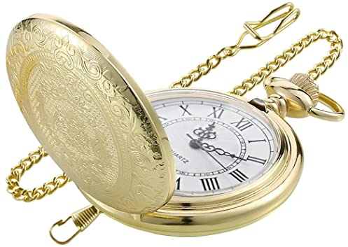 Tiong Gold Large Decorative Flower Pattern Pocket Watch White Roman Digital Scale Quartz Pocket Watch, Men's Chain Christmas/Graduation/Birthday/Father's Day
