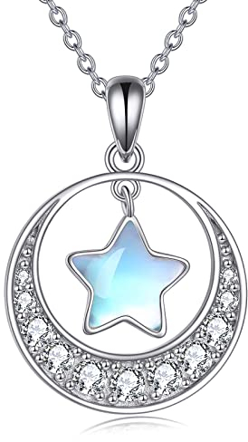 YAFEINI Moonstone Moon Necklace Sterling Silver Crescent Moon and Star Pendant Necklace Jewellery Gifts for Women Teen Girls