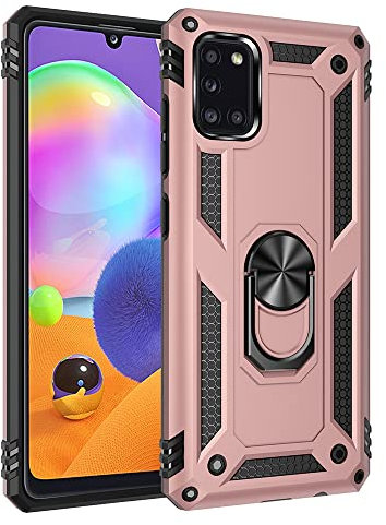 XINNI Coque pour Samsung Galaxy A31 Etui, PC Militaire + TPU 2-en-1 Armour Protective Back Housse avec Bracket, Or Rose