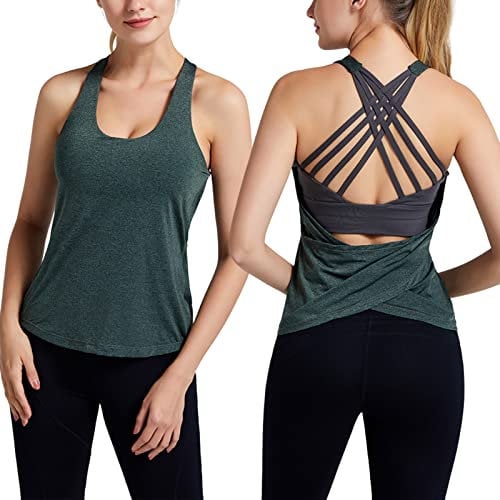 maxToonrain Women Gym Tops Runing Workout Built in Bra Tank Tops for Women UK (Green, Medium)