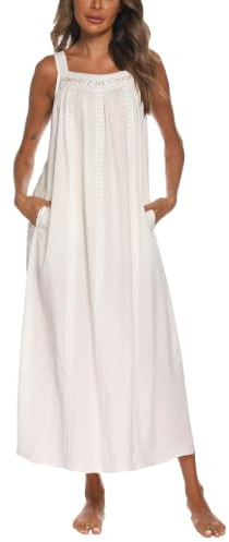 YOZLY Ladies Cotton Sleeveless Nightie Nightdress | 100% cotton nighties for women with pockets long relaxed fit square neckline and embroidered eyelet detail