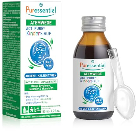 Puressentiel Acti Pure Atemwege Kinder Nasen-Hals-Sirup ab 3 Jahren 125 ml | Gegen verstopfte Nase und Halsschmerzen. Enthält Honig, Erysimum, Holunder und Vitamin D3.
